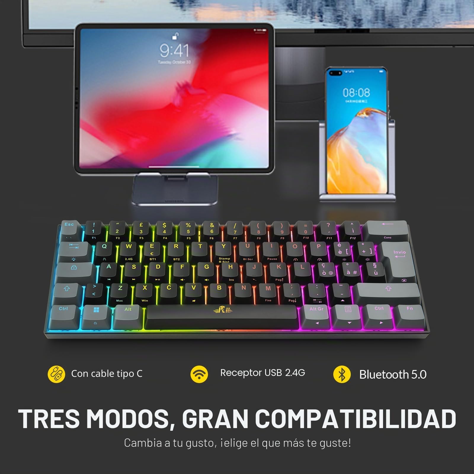 Rii Gaming RK802 - Teclado mecánico silencioso, tamaño reducido al 60%, triple conexión (Wireless + Bluetooth + USB), batería recargable, retroiluminación RGB de 16 colores, anti-ghosting