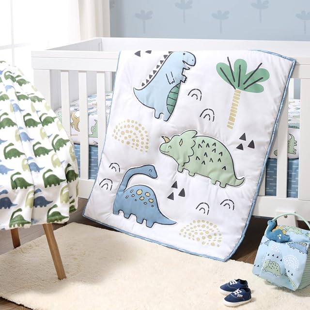 The Peanutshell 5 Ensemble de literie pour bébé en pièces pour garçons - Nouveau-né, nourrisson & Ensemble de lit pour bébé avec des draps de lit, Couverture, Refroidisseur à la poussière - Dino bleu