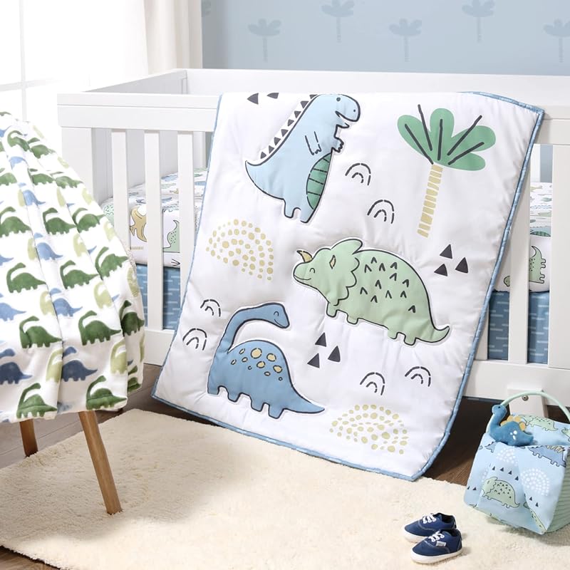 Juego de ropa de cama para cuna de bebé de 5 piezas para niños – Juego de cama para recién nacidos, bebés y niños pequeños, decoración con sábanas ajustables para cuna, manta, edredón con volantes – Dino azul