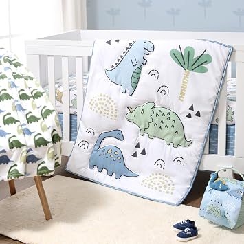 The Peanutshell 5 Piece Baby Crib Bedding Set for Boys - Newborn, Infant & Toddler Nursery Bed Set Decor with Fitted Crib Sheets, Blanket, Dust Ruffle Comforter - Blue Dino