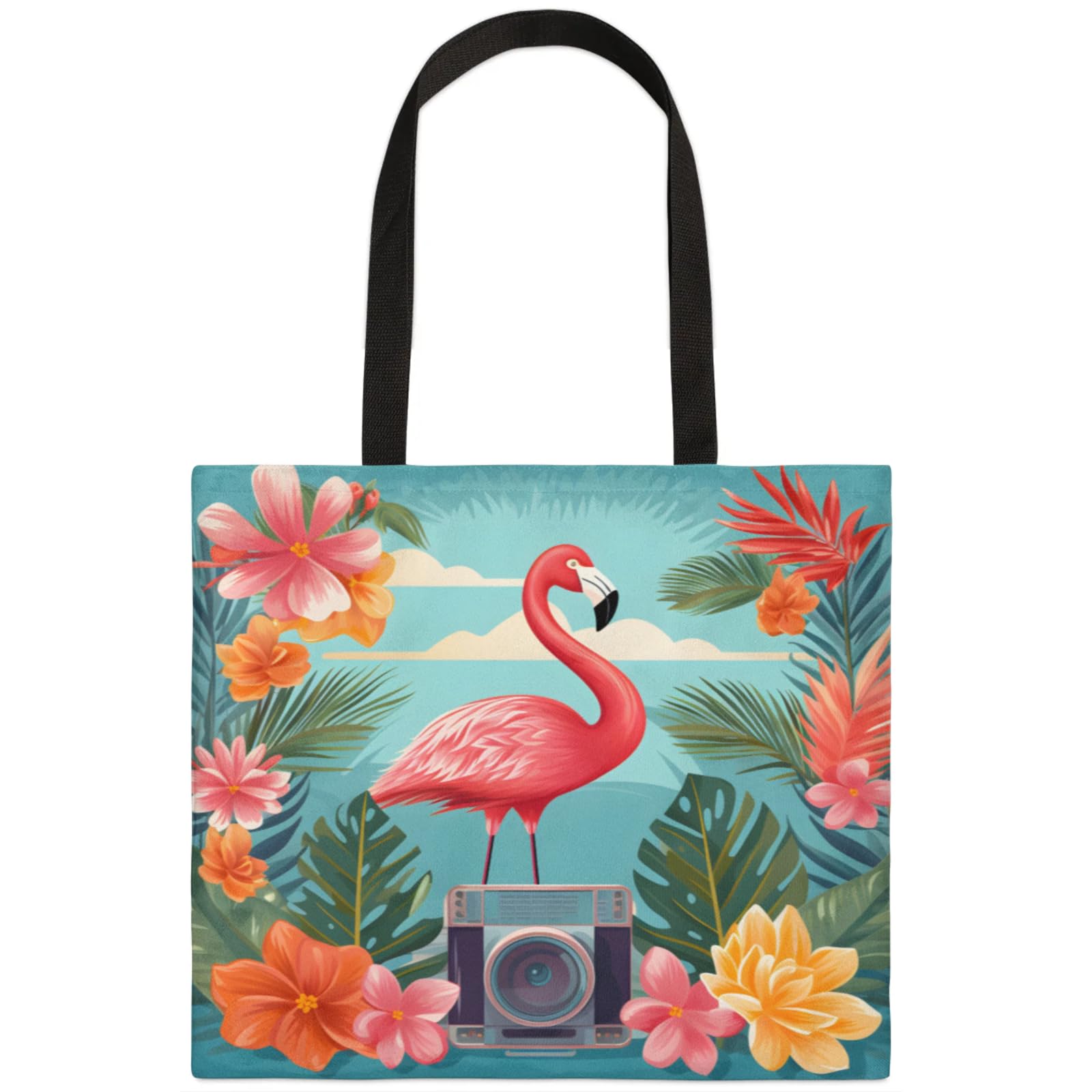 Mularoka Flamingo Flower Audio Square Canvas Tote Bag Top Handle Purses Stylish Women Canvas Shoulder Tote Bags Reusable Handbags for Work Travel Picnic Beach Shopping Gym Hiking