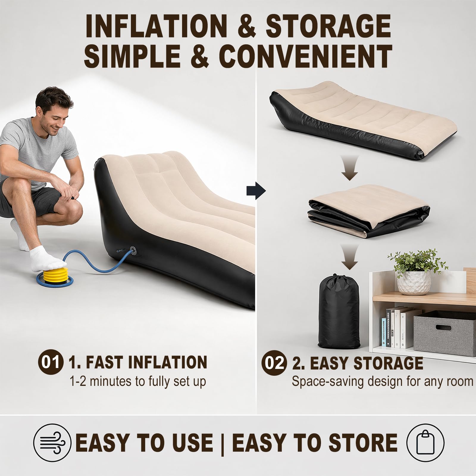 RANJIMA Aufblasbares Sofa, Aufblasbare Liege, Aufblasbar Liegestuhl mit Luftpumpe, Wasserdichtes Aufblasbare Couch Camping Luftsofa mit Plüschbezug für Camping,Strand,Wohnzimmer, bis 300 kg, 155x86cm