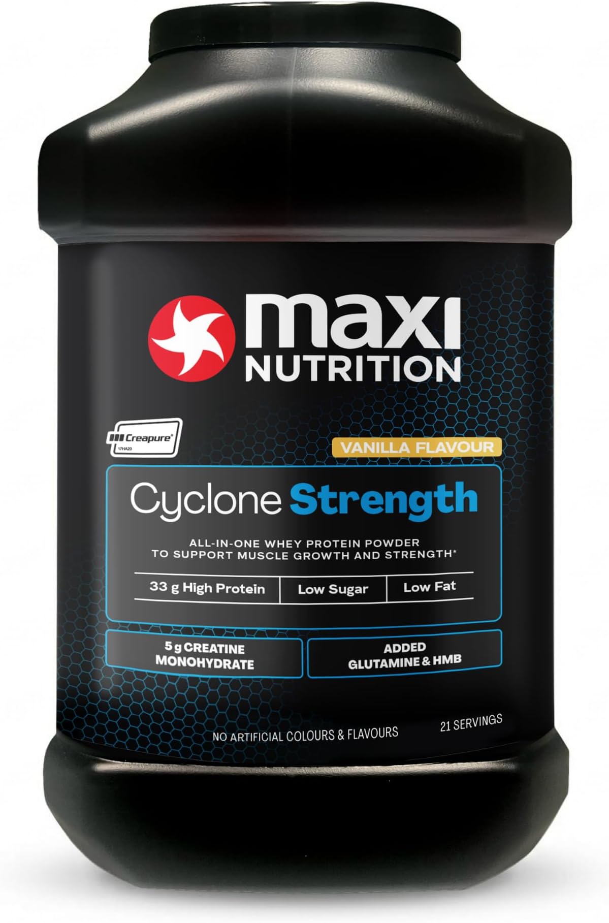 MaxiNutrition - Cyclone, Vanilla - Premium Whey Protein Powder with Added Creatine, Glutamine & HMB – Low in Sugar and Fat, Vegetarian-Friendly - 31g Protein,1.26kg. NO Artificial Colours OR Flavours