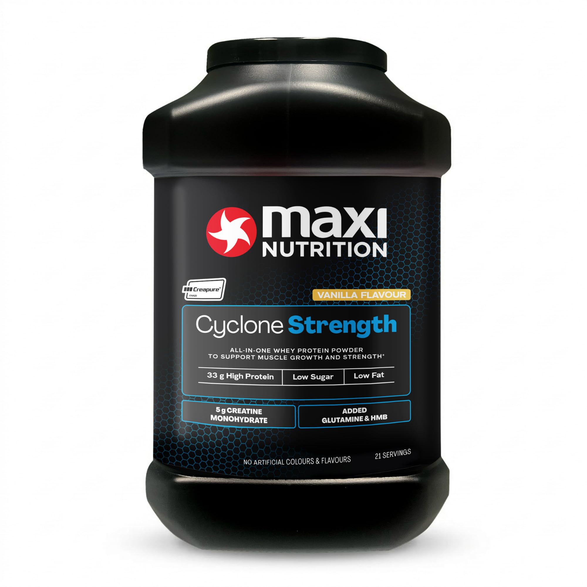 MaxiNutrition - Cyclone, Vanilla - Premium Whey Protein Powder with Added Creatine, Glutamine & HMB – Low in Sugar and Fat, Vegetarian-Friendly - 31g Protein,1.26kg. NO Artificial Colours OR Flavours