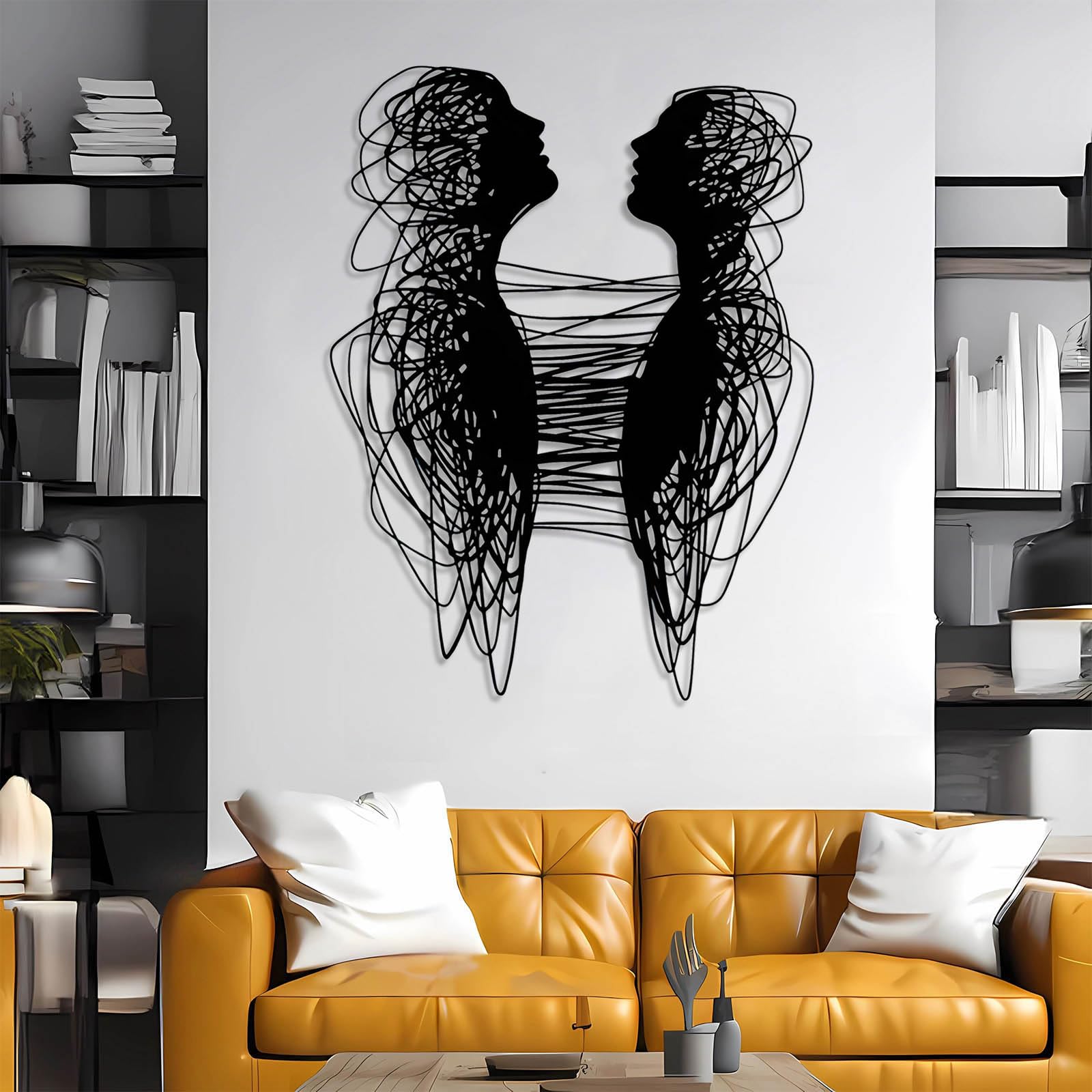 Nowoczesna minimalistyczna sztuka metalowa dekoracja ścienna abstrakcyjna para, sztuka liniowa, wisząca, dla par, salonu, łazienki, wisząca (srebrna, 47 x 36 cm)