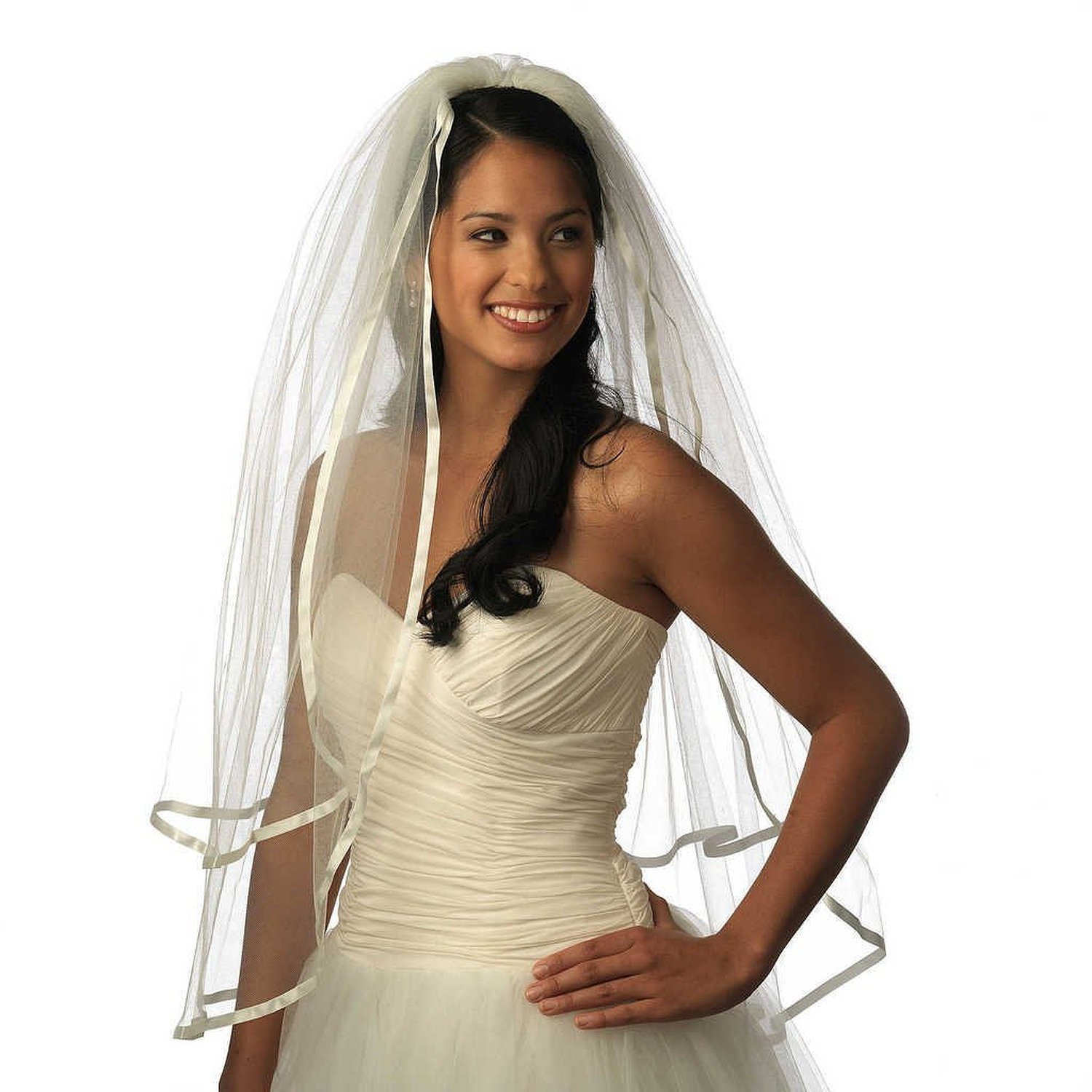 SoAyle 2 Tiers Satin Ribbon Edge Wedding Veils (white)