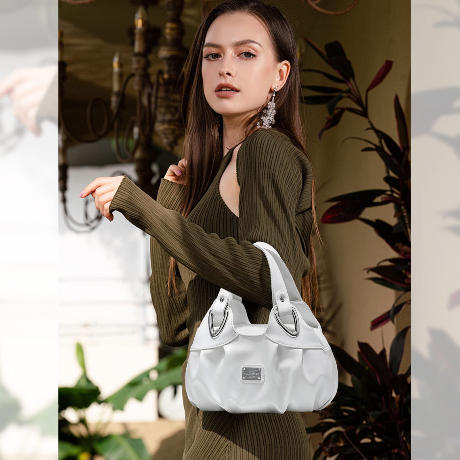NICOLE & DORIS Ladies Fashion Handbags Elegant Top-handle Bags for Women Floral Shoulder Bags PU Leather Travel Handbag Tote White