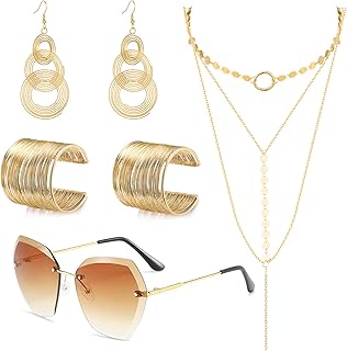 7 Pcs 70s Disco Jewelry Set for Women Rimless Diamond Cutting Sunglasses Wire Metal Coil Bracelets Layered Choker Necklace Triple Swirl Disco Earrings