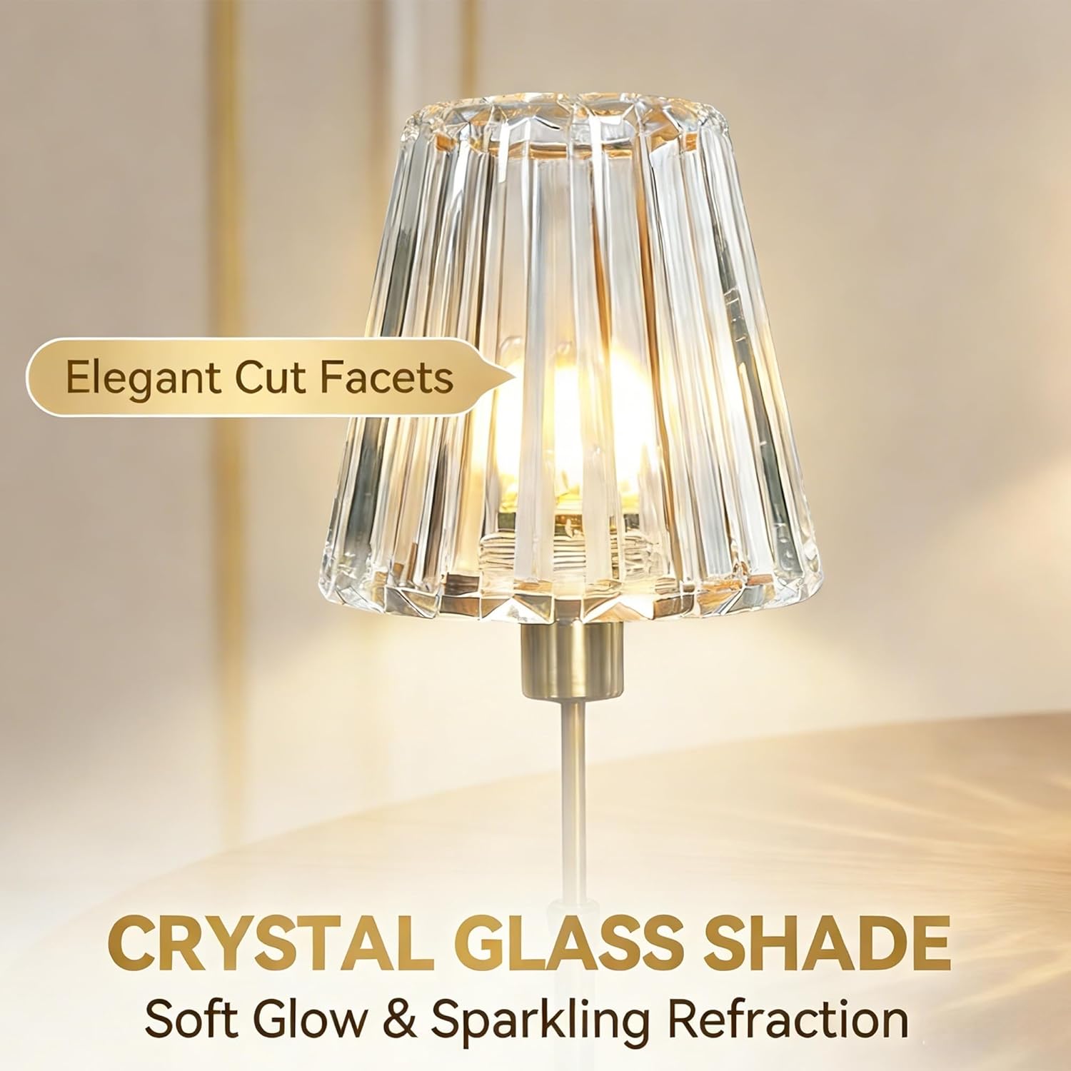 Gold Cordless Table Lamp, Rechargeable Battery Operated Lamp with 5200mAh & Stepless Dimming, Portable Crystal Glass Table Lamp for Living Room Bedroom Nightstand, Elegant Housewarming Gift