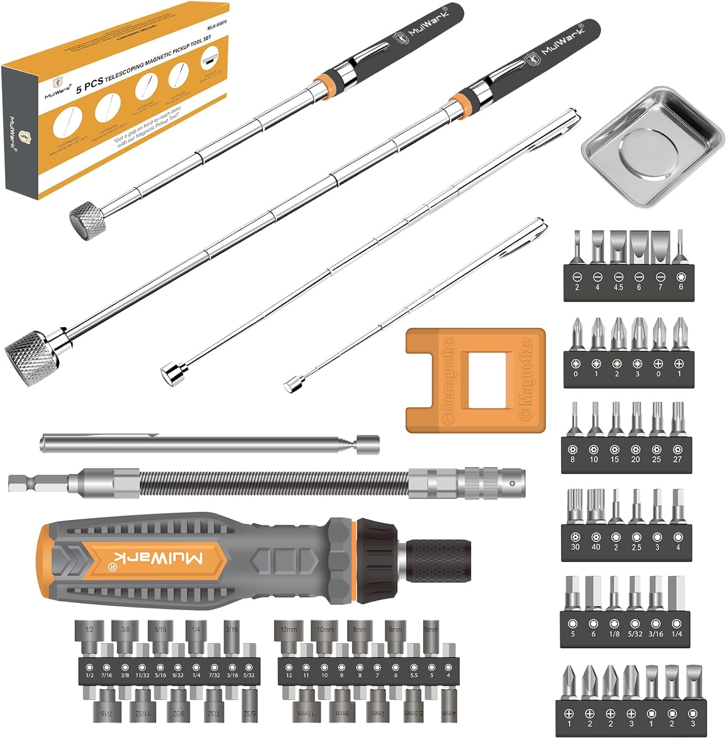 Mulwark 5 pcs Telescoping Magnetic Pickup Tool with Strong Pull Force and 63PC Magnetic Ratcheting Screwdriver Bit Set Bundle