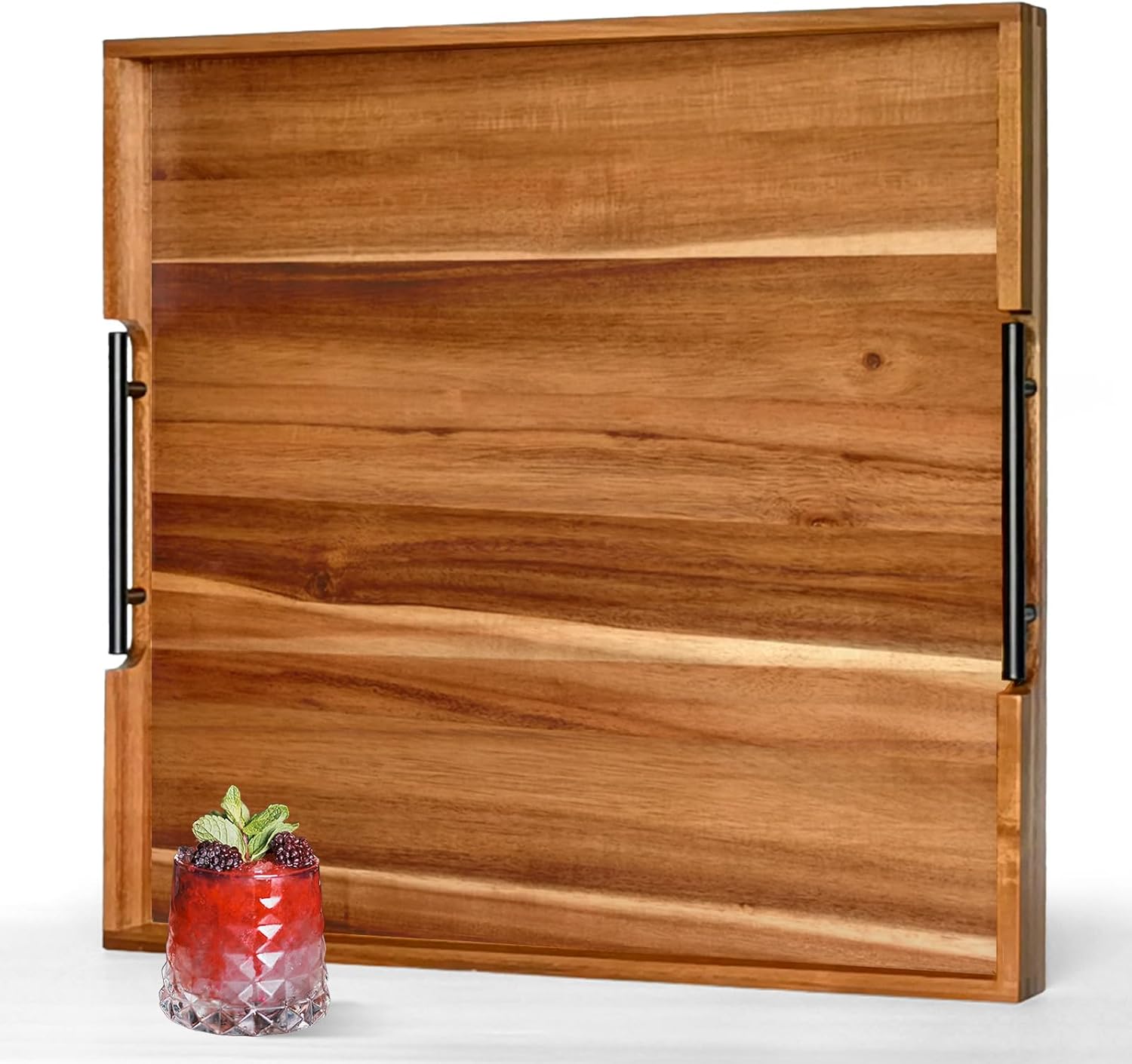 22 Inch Square Acacia Wood Ottoman Tray, Extra Large Wooden Serving Tray with Metal Handles – Spacious & Durable for Living Room, Coffee Table, Kitchen, Food Serving & Hosting