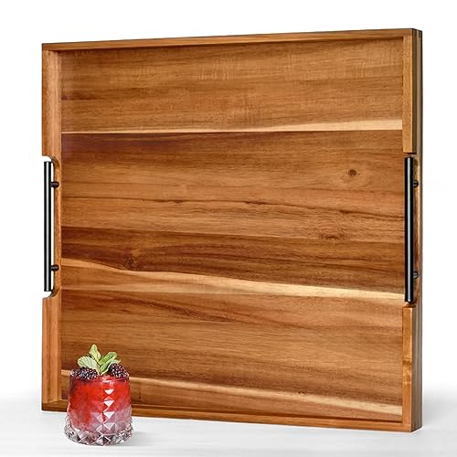22 Inch Square Acacia Wood Ottoman Tray, Extra Large Wooden