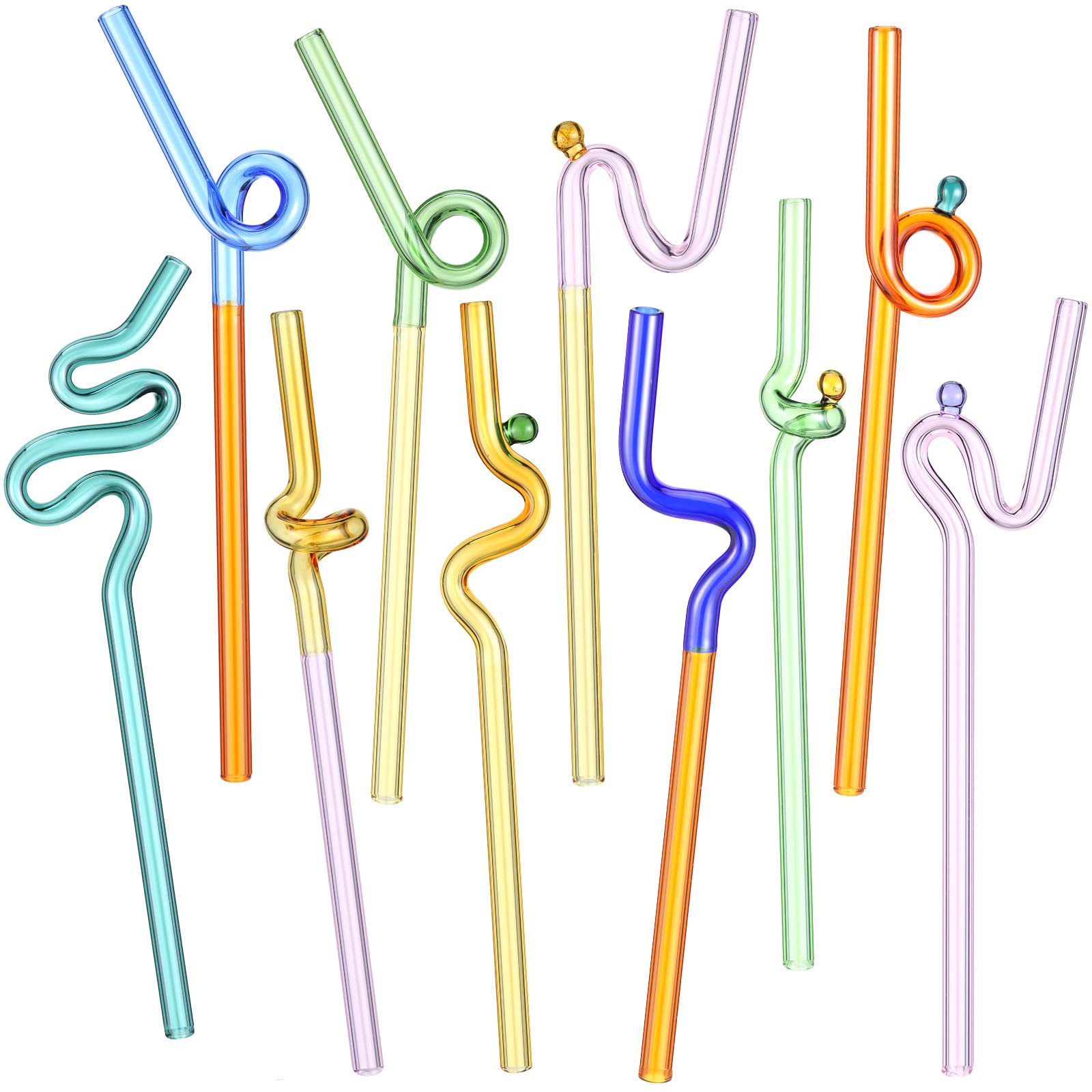 Gerrii 10 Pcs Wavy Glass Straws Colorful Silly Glass Straws Bulk Shatter Resistant Fun Christmas Party Gifts for Drinking Beverages Coffee Wine Drinks(Cool)
