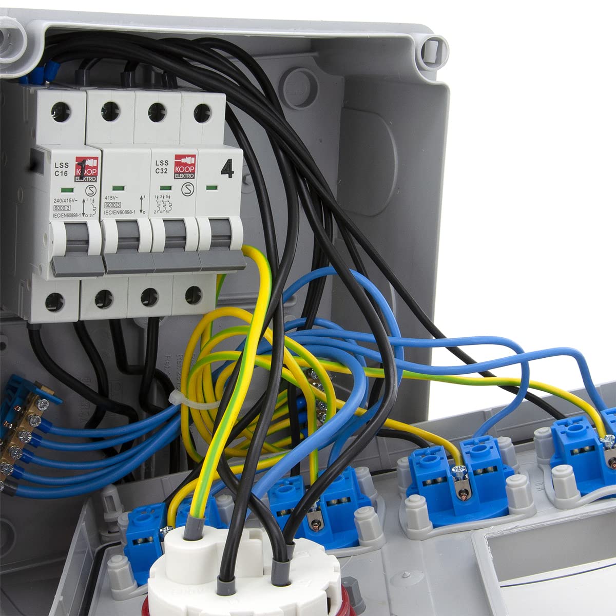ELS Elektrotechnika Distribuidor de corriente de construcción, distribuidor de pared, caja vacía, enchufe Schuko 4 x 230 V + LS C16 y 1 x CEE 32 A + LS C32 cableado, listo para conectar, taller,
