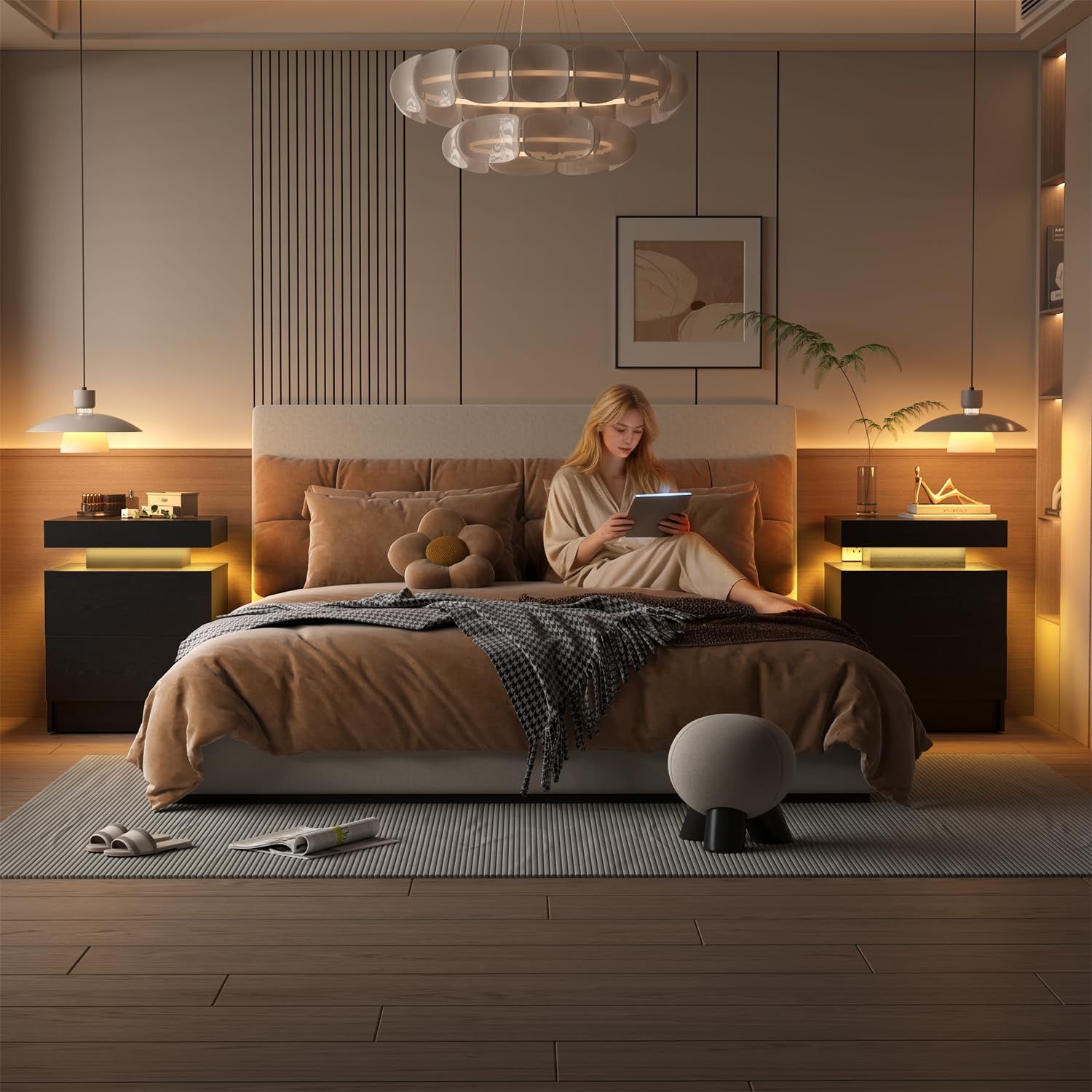 LED Nightstands Set of 2, Modern Black Night Stand End Tables with APP & Remote Control LED Lighting, 2 Drawers, Open Shelf Storage