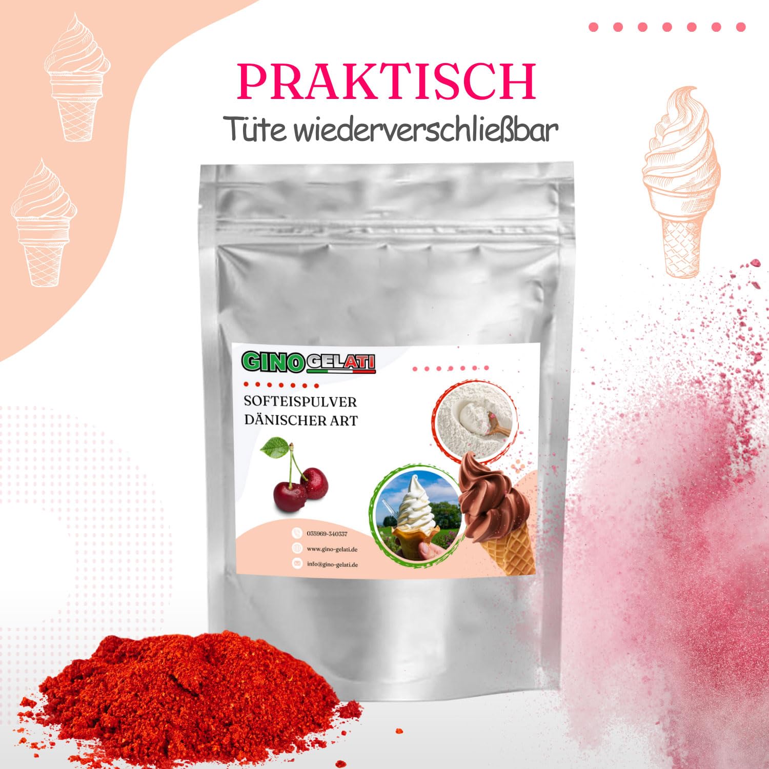Gino Gelati Erdbeere Dänisches Softeis Pulver 10 Kg, fruchtiger Geschmack, verschiedene Geschmacksvarianten, schnell und einfach Zubereitet, Made in Germany, Eis selber machen
