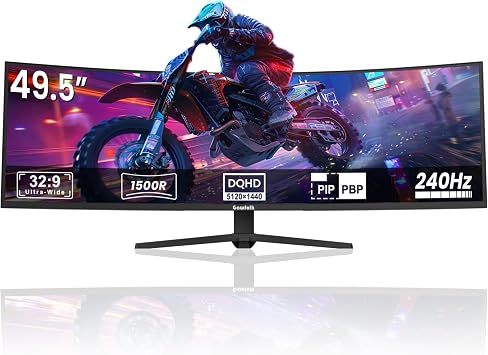 Gawfolk 49 Inch DQHD Curved Gaming Monitor   240Hz, 5120x1440 Super Ultra-Wide, 1500R, Height Adjustable Stand, 1MS, FreeSync, 120% sRGB,RGB Backlight, 2x DP 2.0, 2x HDMI 2.1, PBP/PIP,Black