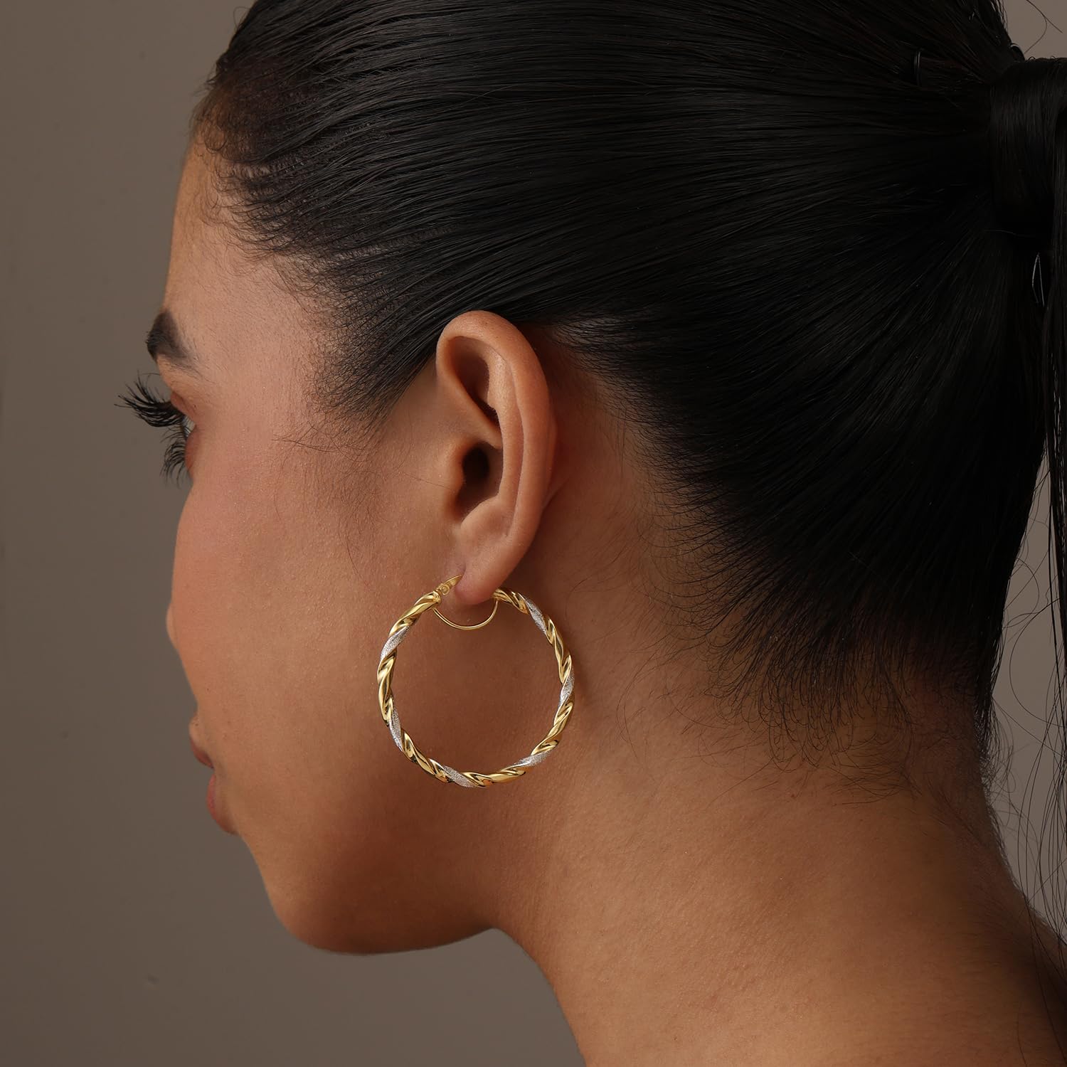 LeCalla Echte 925 Sterling Silber texturiert zwei-Ton dreifach 14K vergoldet leichtes italienisches Design Ohrringe für Frauen Durchmesser 25,30,40,45,50mm