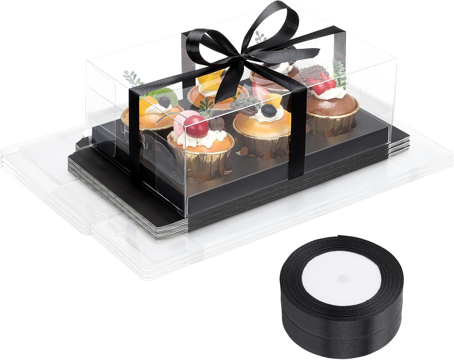 EUSOAR Cupcake Containers, 18 Pack Gold Cupcake Boxes Dessert Cookies Muffins Pastry Carrier 6 Count, Rectangle Bakery Cake Containers Assembly Plastic Holder for Wedding Birthday Party Favor Gifts