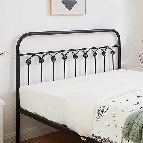 Miniatura 5 de VECELO Base de cama clásica de metal con cabecera y estribo de estilo victoriano, no necesita somier, tamaño Queen