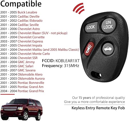 Miniatura 2 de Repuesto para Buick Cadillac Chevrolet GMC Oldsmobile Pontiac 2004 2005 2006 2007 Control remoto KOBLEAR1XT 4 botones 315MHz
