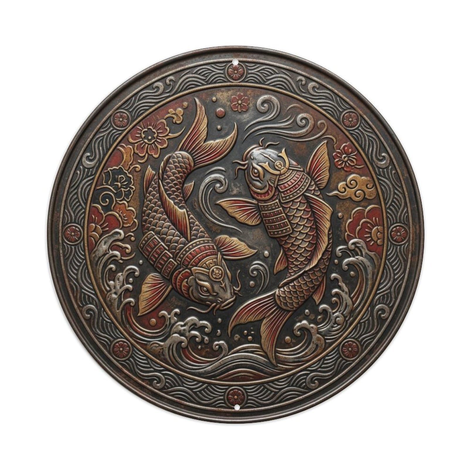 Warrior Samurai Spirit Koi Fish Metal Tin Sign Plaque Wall Decor for Cafe, Club Bar, Office, Home Garden Round Metal Poster 8x8Inch