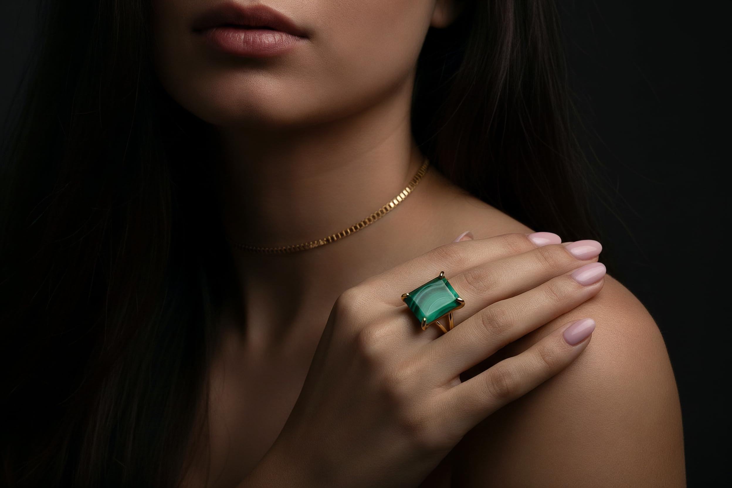 Anillo Rectangular con Cristal de Malaquita - Anillos de Piedra Artesanales para Mujer - Anillos de Moda, de Regalo, Casuales, de Novia - Ideas de Regalo para Ella