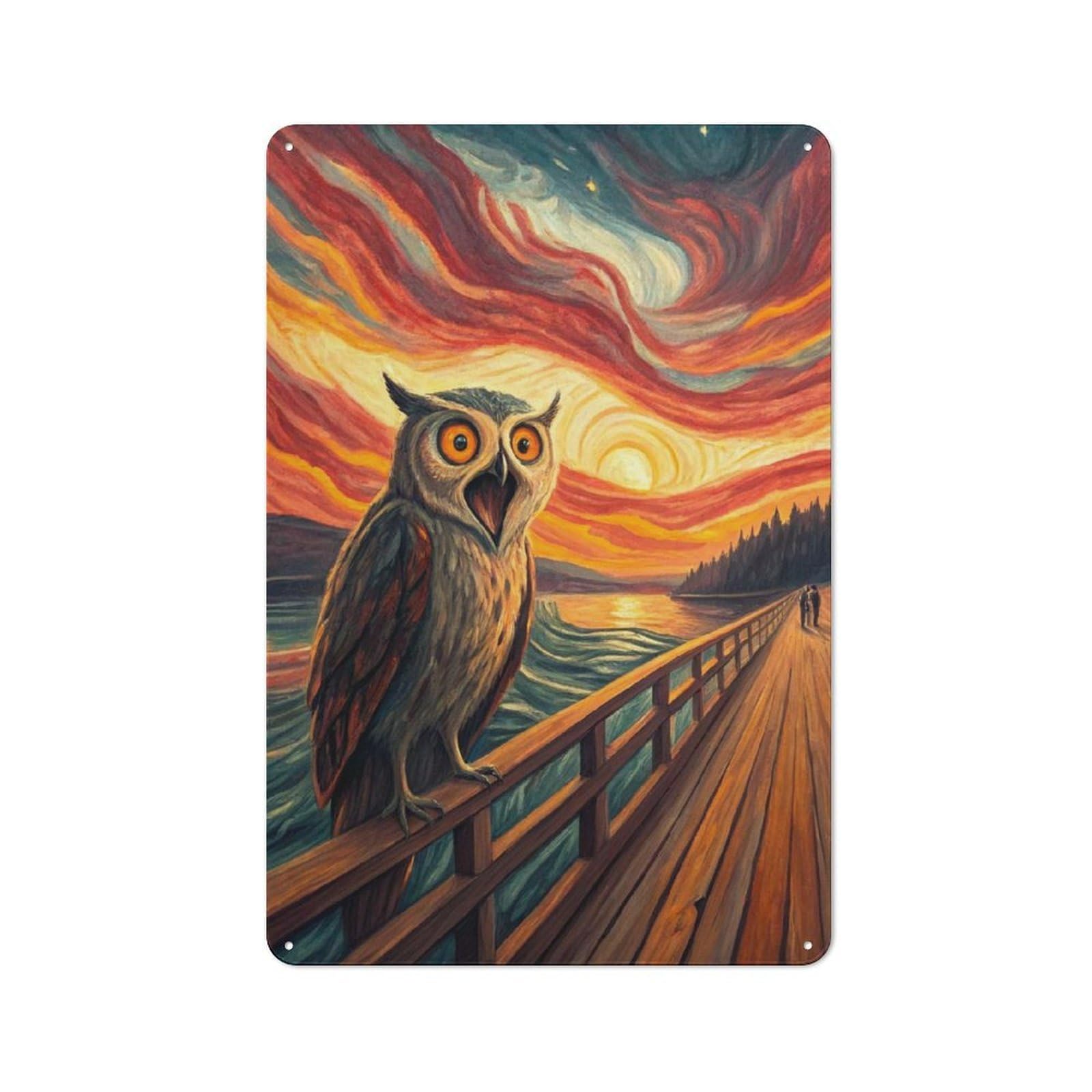 Junmoney Style-2 Metal Wall Sign 30X20cm Featuring Screaming Owl On A Pier At Sunset For Café Or Home Bar, A Decorative Gift For A Newly Furnished Café And Home Bar