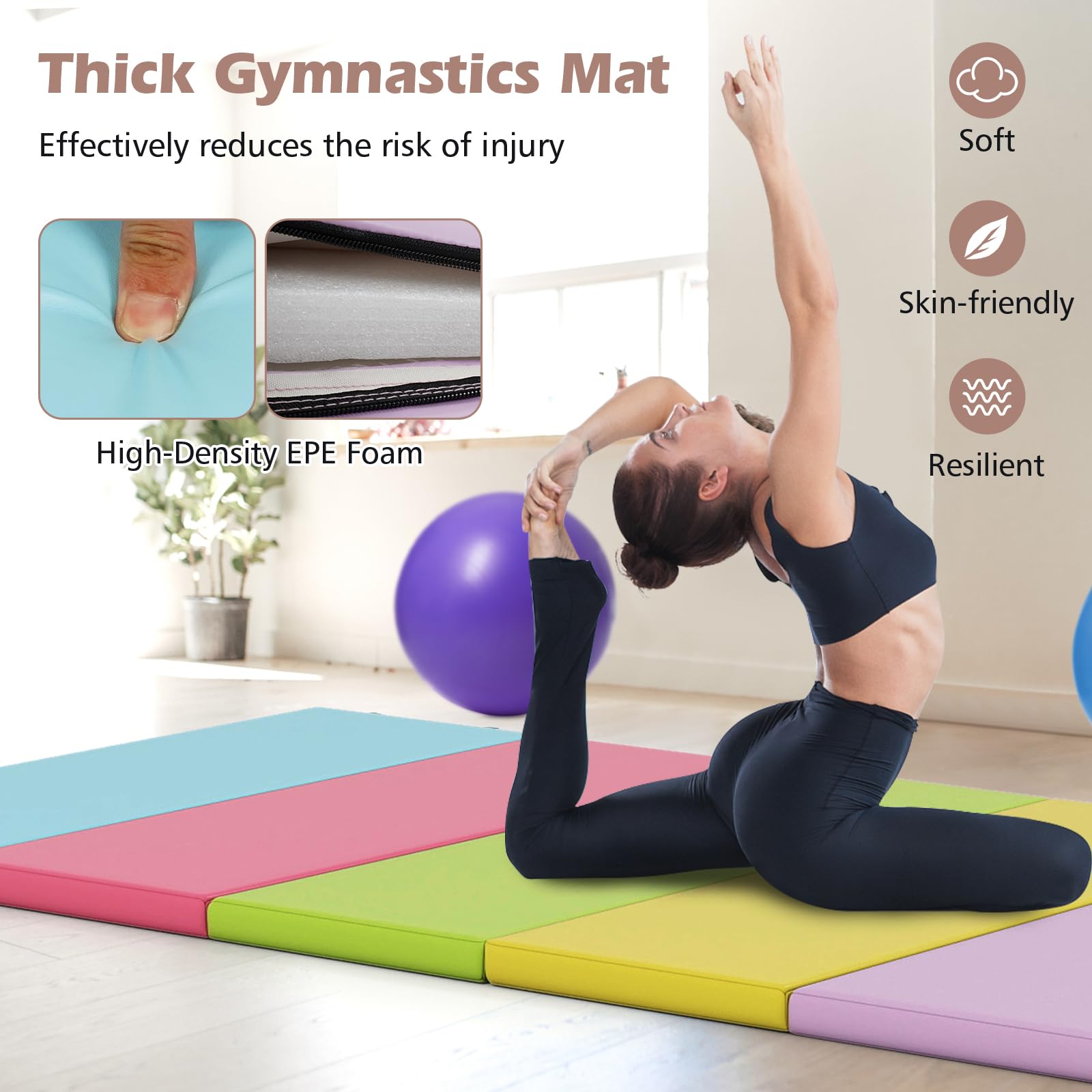 FANTASK Klappbare Weichbodenmatte, 200 x 75cm, Fitnessmatte aus PU 5 fach faltbar, Gymnastikmatte mit Tragegriff, Spielmatte, Sportmatte zuhause für Kinder Erwachsene, Macaron