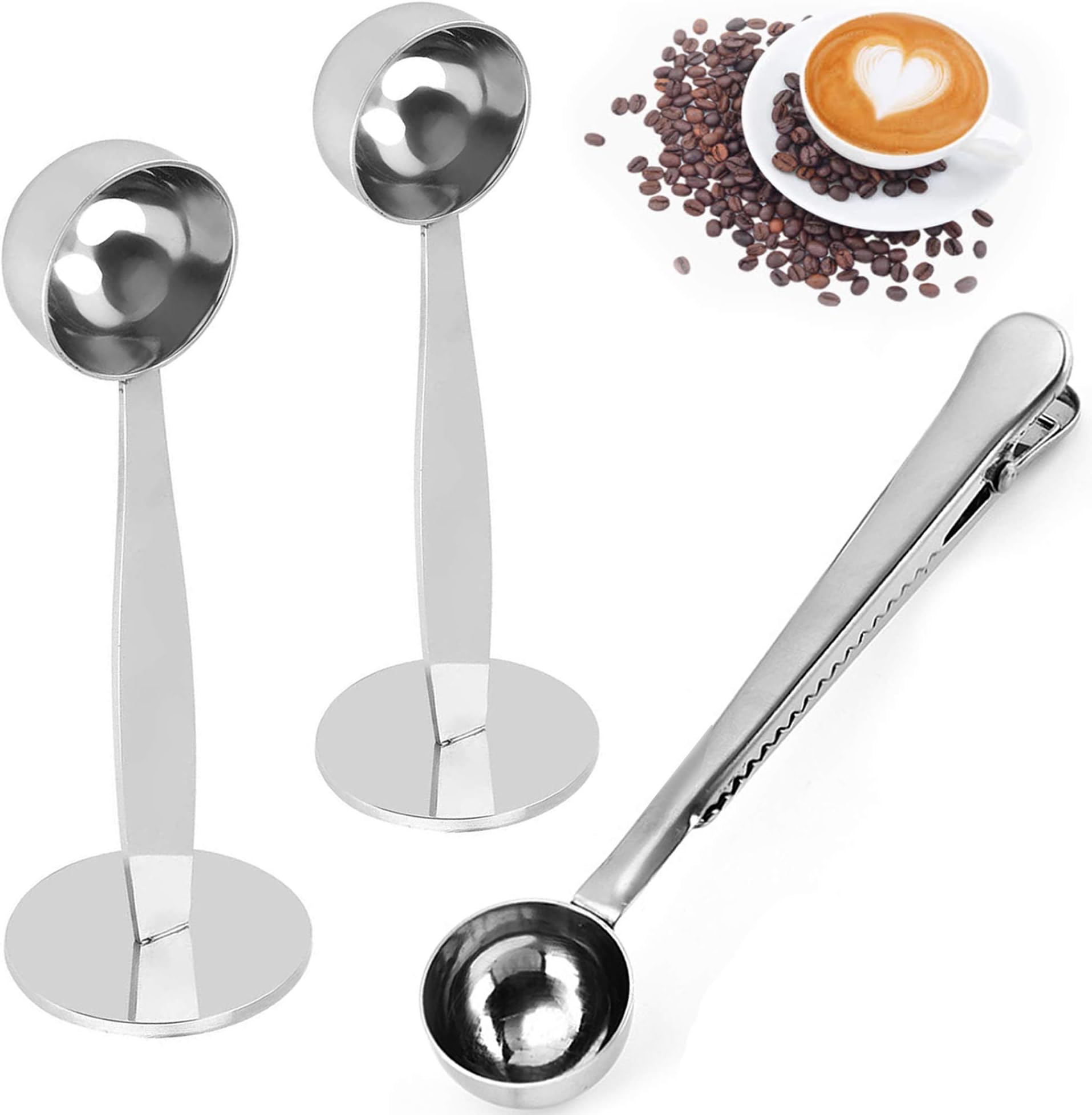 3 Pack 2-in-1 Stainless Steel Coffee Scoop，2 Pack Tamping Measuring Coffee Bean Powder Spoon & 1 Pack Long Handle Coffee Measuring Spoon with Bag Clip