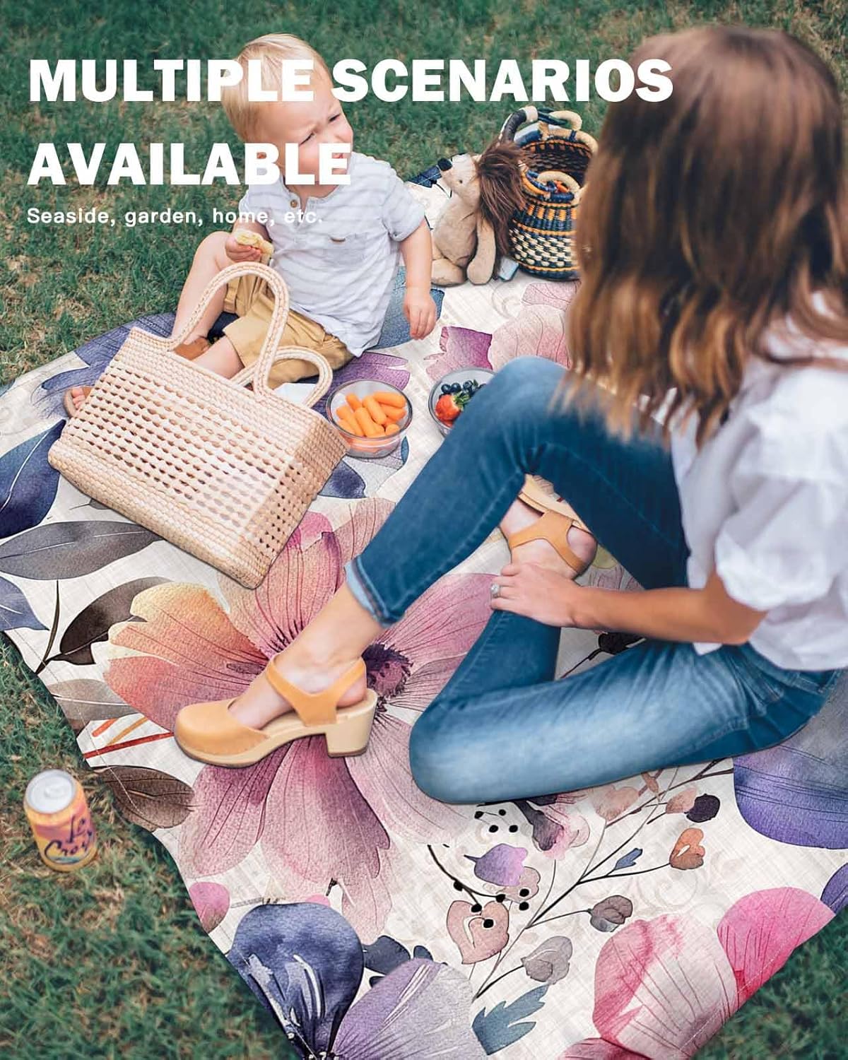 Spring Blossom Watercolor Flower Beach Blanket Waterproof Sandproof Outdoor Picnic Mat 118"x108" Pastoral Floral on Rustic Linen Lightweight Large Beach Blankets with 4 Stake & 4 Corner Pockets