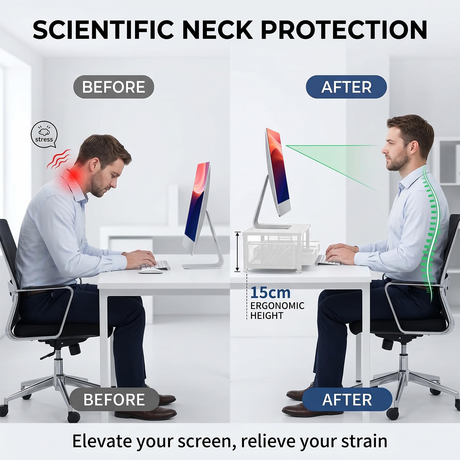 FARYODI Supporto da scrivania per monitor con 2 portapenne, cassetto, organizer da scrivania, supporto ergonomico da tavolo per monitor e computer portatile (bianco)