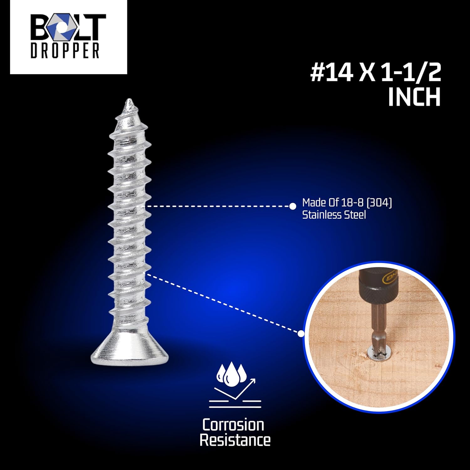 Bolt Dropper 25 Pack #14 x 1-1/2 Inch Stainless Steel Screws - Flat Head Phillips Wood Screw - 18-8 (304) Corrosion-Resistant - Heavy Duty Deck Screws for Indoor and Outdoor Use #14 X 1-1/2'' image 5 of 6 B079Y9Q9W8