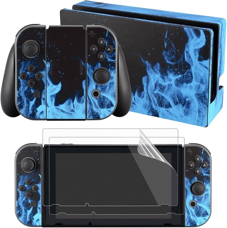 Blue Flame Full Set Faceplate Skin Decal Stickers for Nintendo Switch with 2 Pcs Screen Protector (Console & Joy-con & Dock & Grip)
