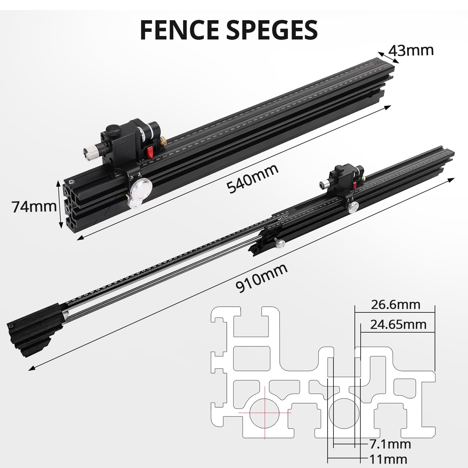 HONGDUI Valla extendida de aluminio de 19 a 36 pulgadas con tope abatible ajustable compatible con HONGDUI MG21 y TB01, para sierra de mesa, carpintería, cinta de lectura dual mm/pulgada, KS22