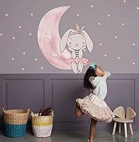Vista 2 de Murwall Pink Rabbit Wall Decal Moon Wall Sticker Little Stars Peel n Stick Cute Bunny Stickers for Girls Bedroom Babyroom Nursery Room Decor