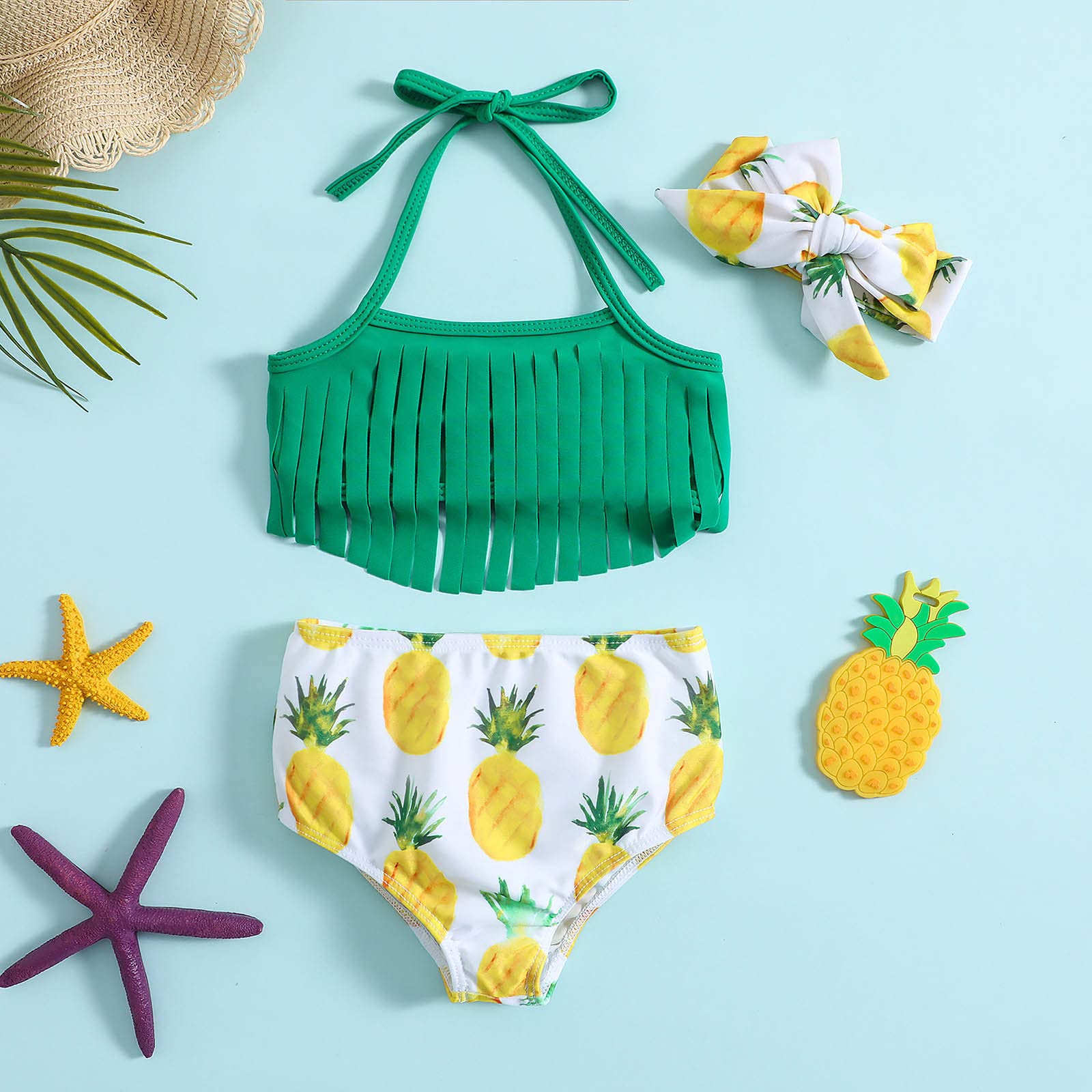 Generisch Tankini Niñas Verano Niño Niña Bowknot Piña Estampados Borla Traje de Baño de Tres Piezas Bikini Diadema Set