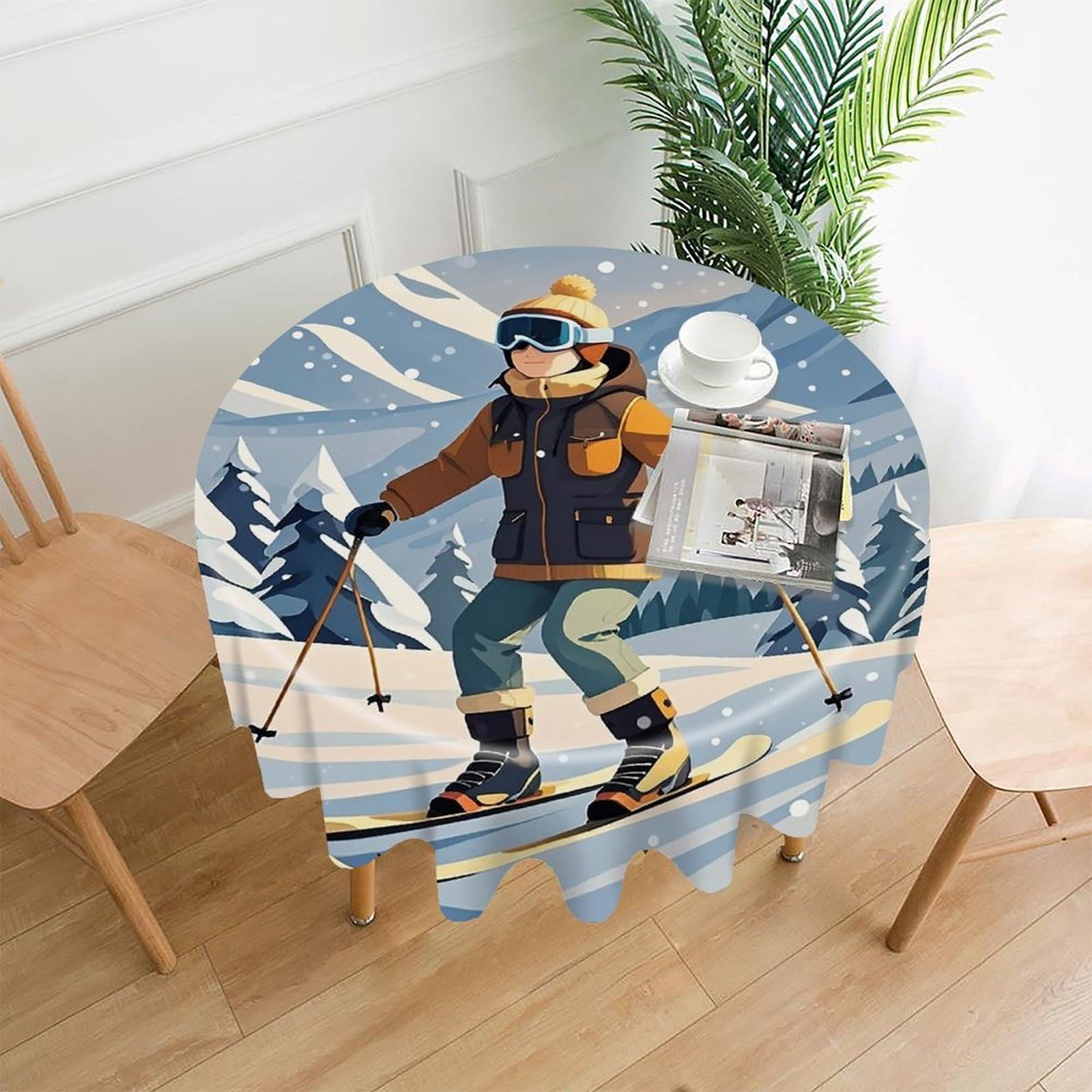 LZQPOEAS Skiing Theme Tablecloth Decorative Round Table Cloth Wrinkle Resistant Round Tablecloth Washable Circle Table Cover for Kitchen Dining Party Wedding Camping 60 Inch
