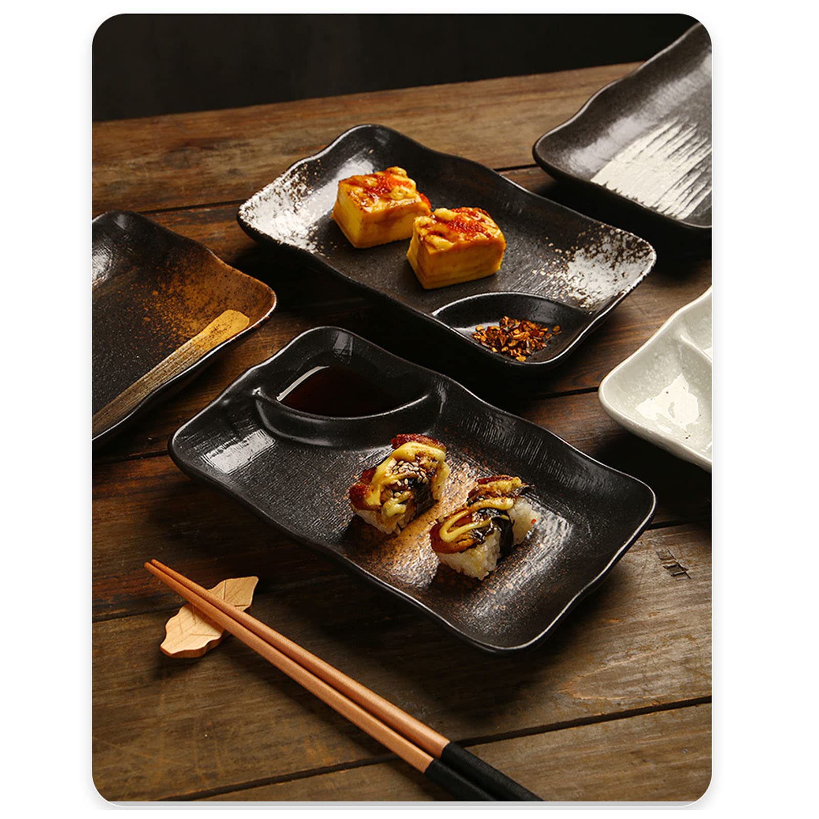 Set di Piatti Rettangolari, Piatto Principale con Scomparto per Salse, Smaltato Liscio E Facile da Pulire, Adatto per La Casa E Il Ristorante,Marrone