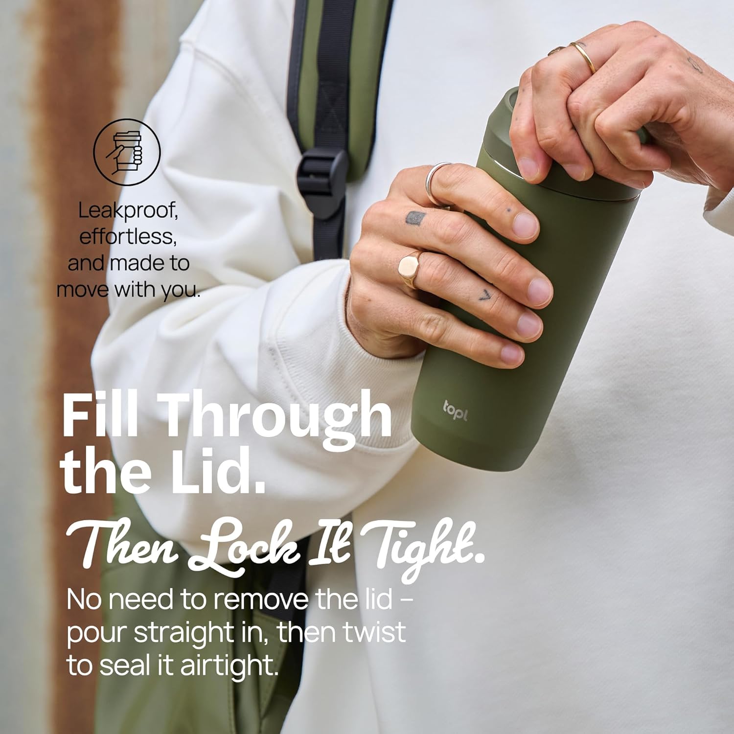 TOPL To Go Coffee Cup – Insulated Travel Coffee Mug with 360° Leak‑Safe Lid, Stainless Steel Coffee Tumbler for Hot/Cold, Spill‑Resistant, BPA‑Free - Olive, 16 oz