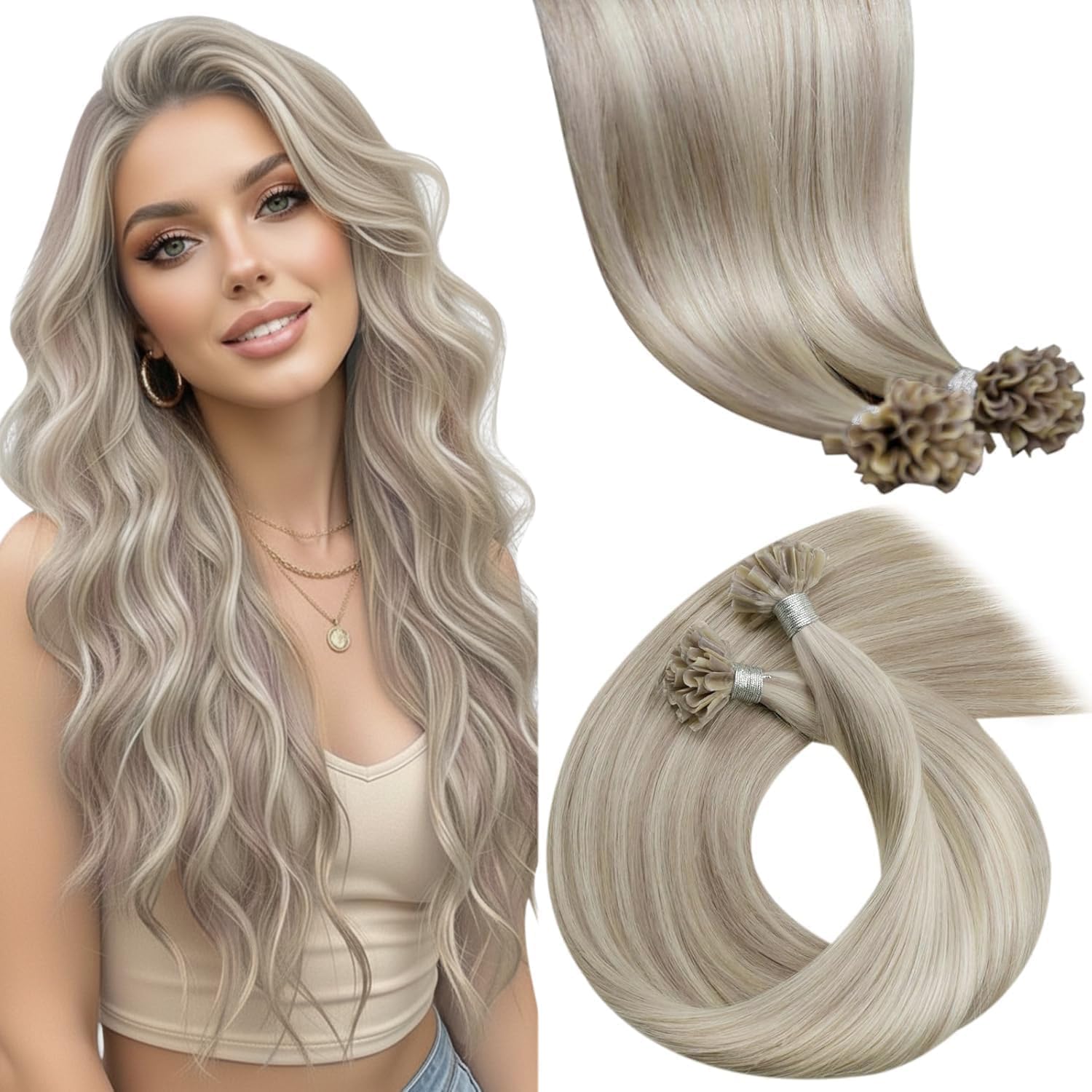 Totale 100g Extension Capelli Veri Cheratina con Extension Capelli Veri Biadesive Biondo Sporco con Highlight Biondo Candido 60cm