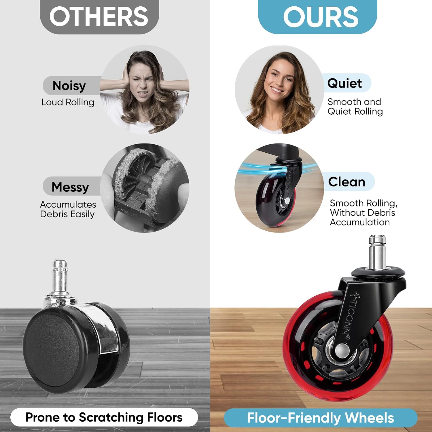 TICONN Office Chair Caster Wheels Set of 5 for Tile, Hardwood Floors and Carpets, Universal Fit for Most Chairs (Red)
