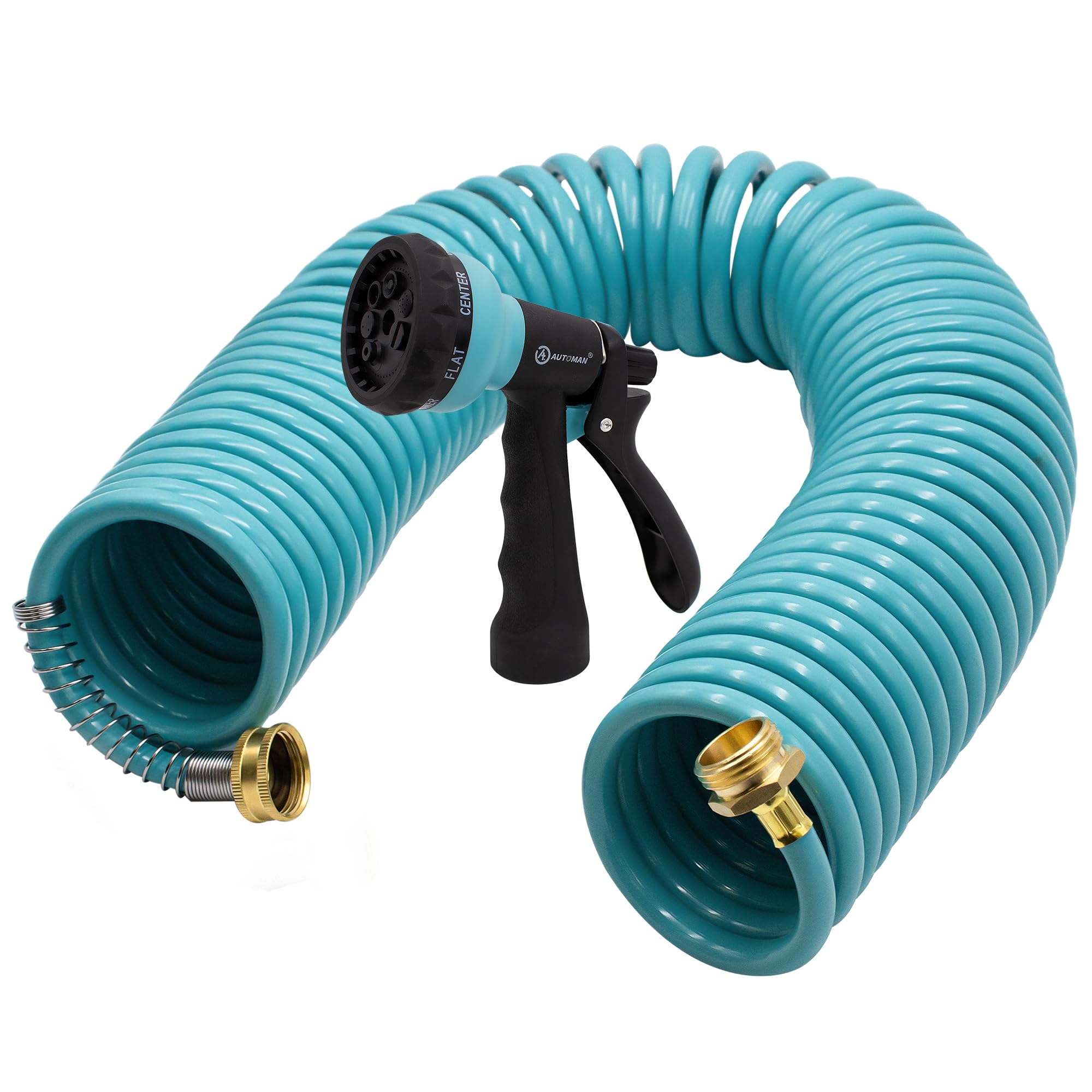 AUTOMAN Coil Garden Hose 50 ft, EVA Curly Water Hose with Brass Connectors, Recoil Garden Water Hose,Includes 7-Pattern Function Sprayer,Retractable,Corrosion Resistant Garden Coil Hose.