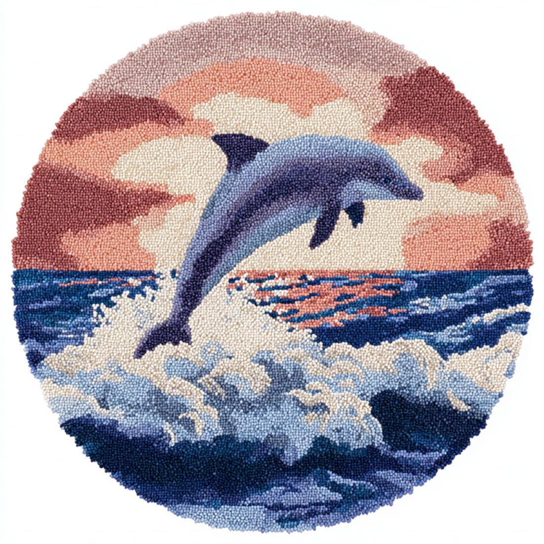 Rqwybcaxn DIY Rug Latch Hook Kits for Teens Animal Needlework Kit Dolphins and Waves 80x80cm Round Easy Pattern Floor Mat Study Handmade Art