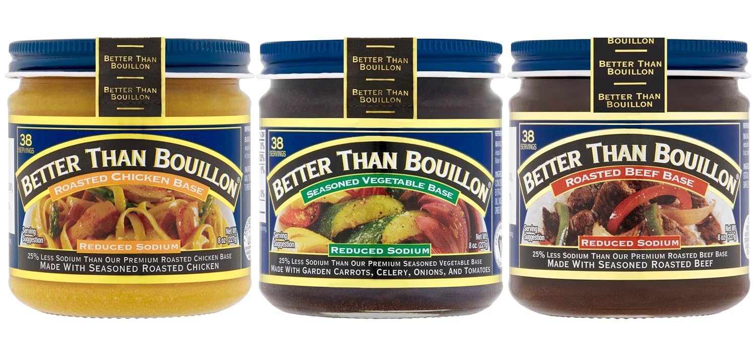 Better Than Bouillon Reduced Sodium Base Variety Pack, 1 Jar Reduced Sodium Roasted Chicken Base, 1 Jar Reduced Sodium Seasoned Vegetable Base, 1 Jar Reduced Sodium Roasted Beef Base, 8 OZ Jars (3 CT)