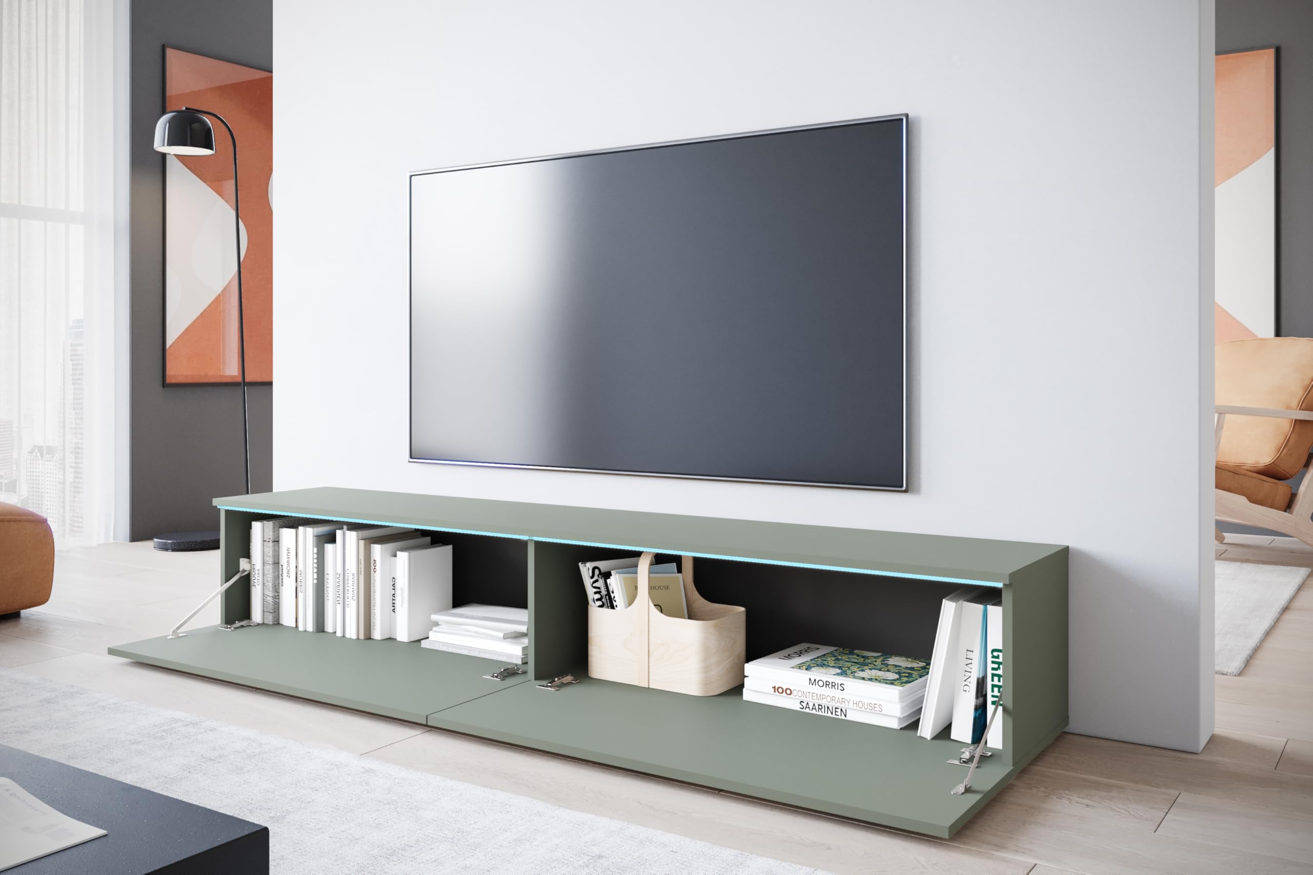 Parete attrezzata, Porta TV con contenitore per Soggiorno, Mobile TV Lowboard D180, Sospeso o a Terra, Senza Maniglie, Pannello Laminato, Finitura Completa Verde Nebbia
