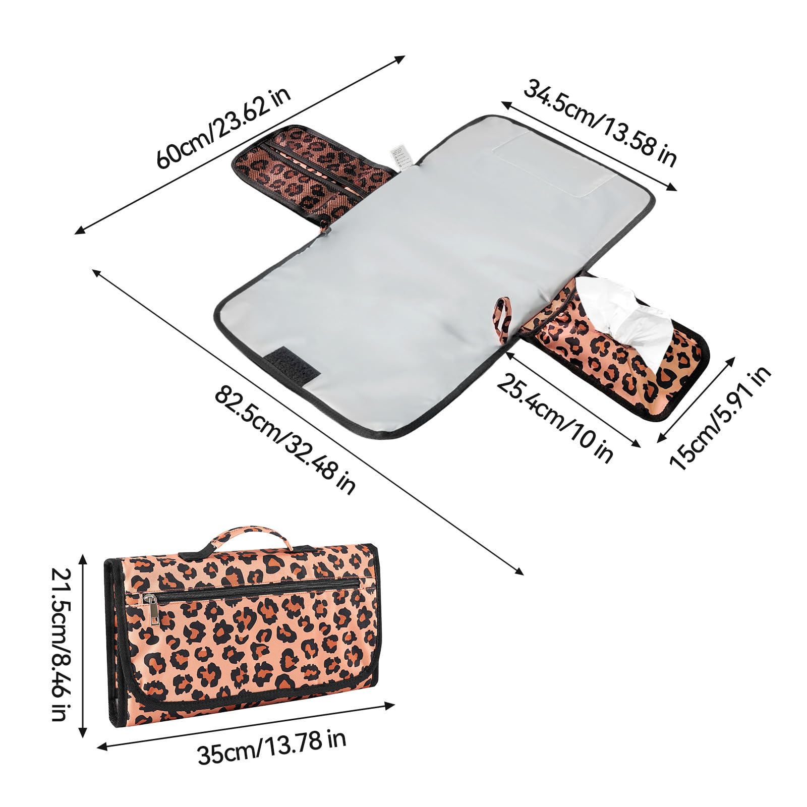 Matelas à langer portable, pour les déplacements, compact, sac à langer amovible, pour bébé en voyage, motif léopard
