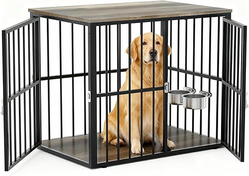 Miniatura 8 de Mueble resistente de 43 pulgadas para perros con 2 puertas y cuencos ajustables para perros medianos y grandes, jaula de madera para perros, jaula