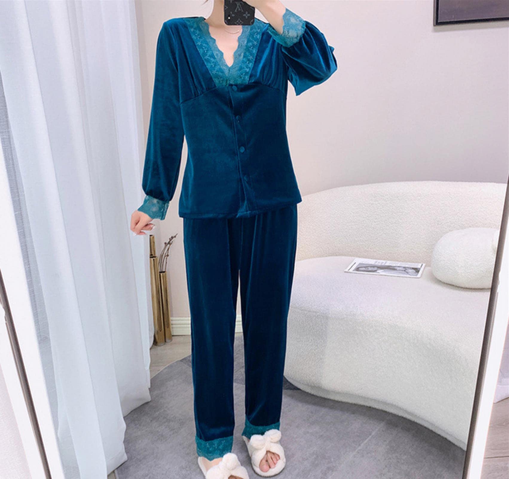MOGSA Pijama para mujer, pijama de terciopelo sintético para otoño, invierno, ropa de dormir de manga larga, ropa de dormir suelta para el hogar, ropa de dormir con ribete de encaje