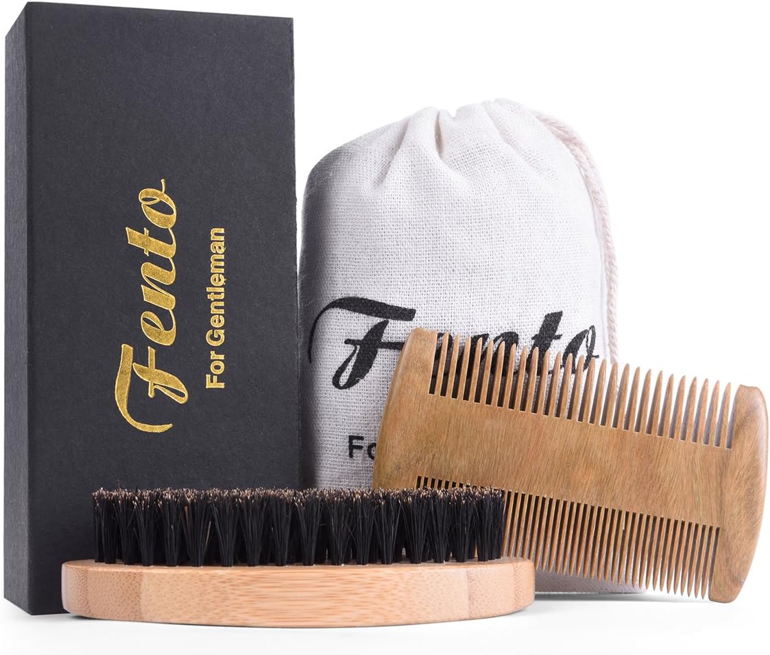 Fento Boar Bristle Beard Brush and Beard Comb Set - For Men Beard and Mustache, Thick & Thin Teeth Sandal Wood Comb, With Gift Box and Carrying Bag